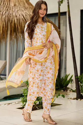 Off white silk blend printed kurta pant set