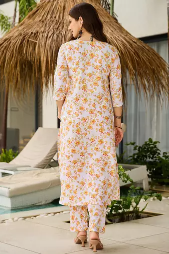 Off white silk blend printed kurta pant set