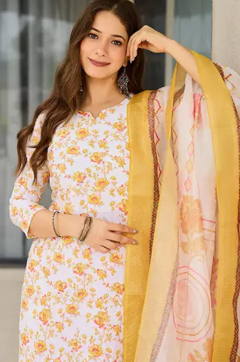 Off white silk blend printed kurta pant set