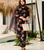 Black silk blend printed kurta pant set