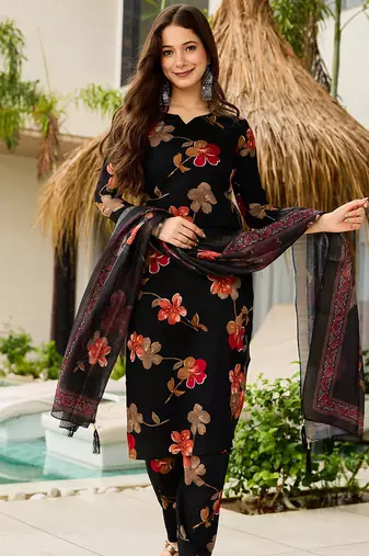 Black silk blend printed kurta pant set