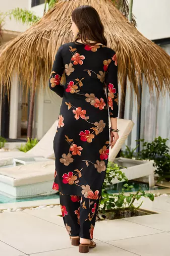 Black silk blend printed kurta pant set
