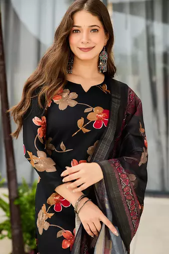Black silk blend printed kurta pant set