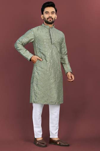 Designer embroidery flower work soft cotton kurta pyjama for men's