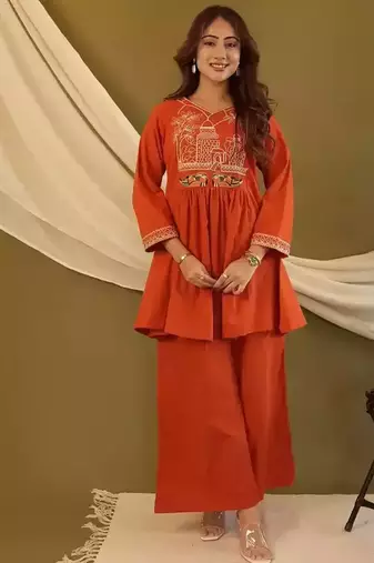 Rust Orange Embroidered Cotton Co-Ord Set