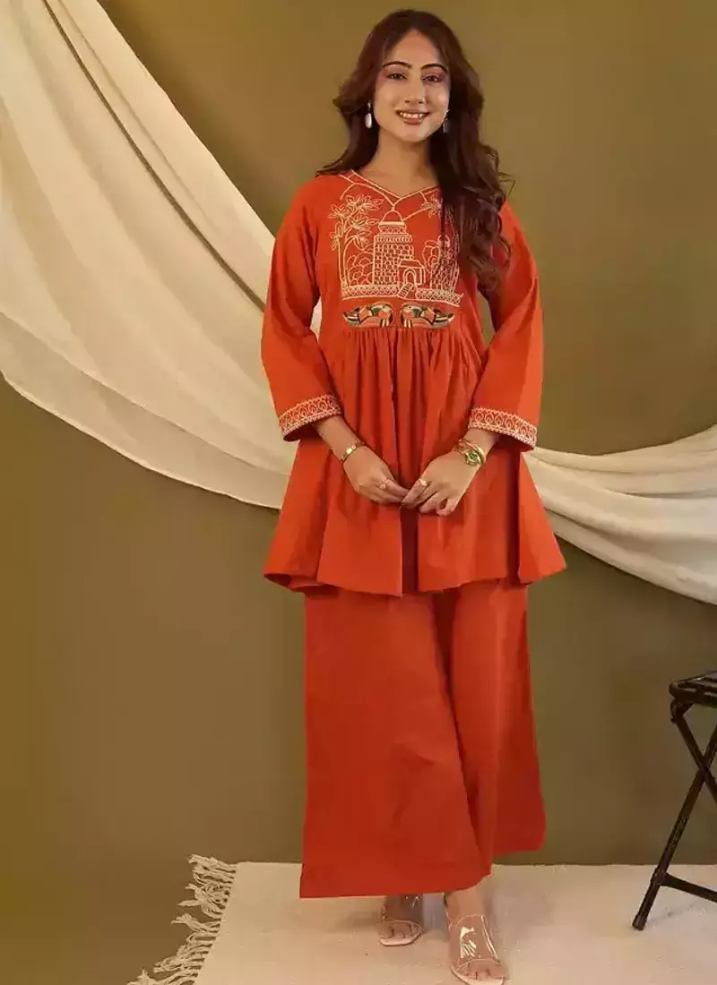 Rust Orange Embroidered Cotton Co-Ord Set
