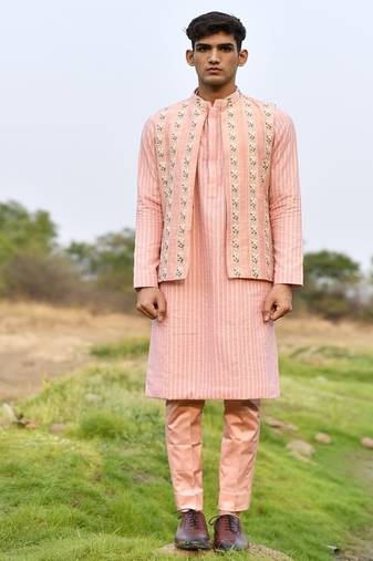 pink cotton kurta pajama set with embroidered jacket
