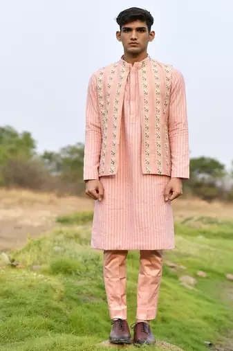 pink cotton kurta pajama set with embroidered jacket