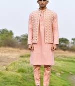 pink cotton kurta pajama set with embroidered jacket
