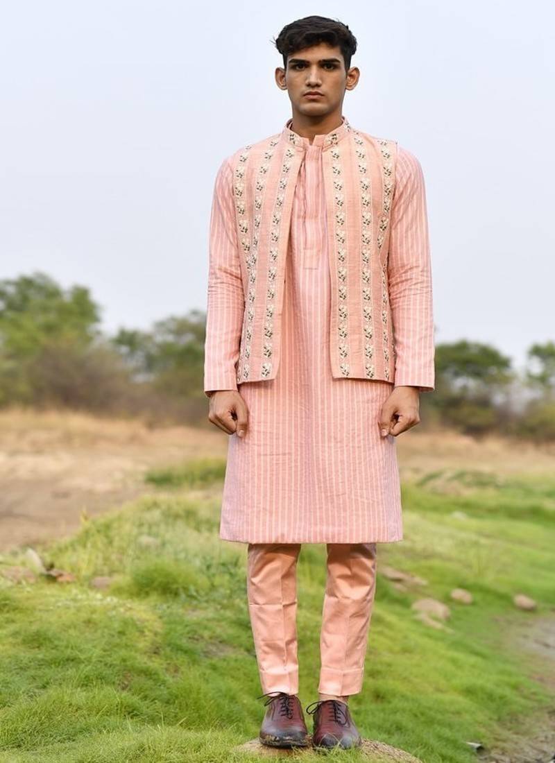pink cotton kurta pajama set with embroidered jacket