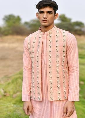 pink cotton kurta pajama set with embroidered jacket 2