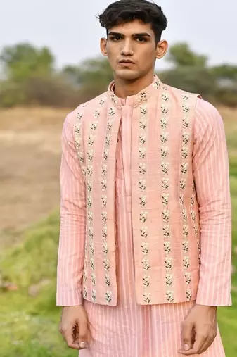 pink cotton kurta pajama set with embroidered jacket