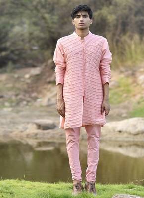 pink cotton kurta pajama set with embroidered jacket 3