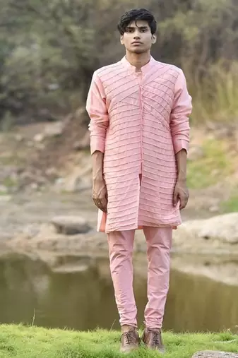 pink cotton kurta pajama set with embroidered jacket