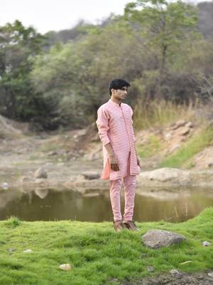 pink cotton kurta pajama set with embroidered jacket 4