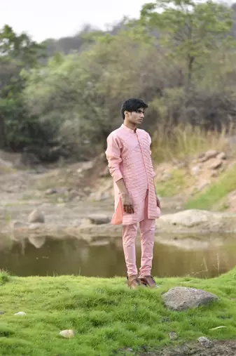 pink cotton kurta pajama set with embroidered jacket