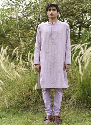 lavender embroidered cotton kurta pajama set 1