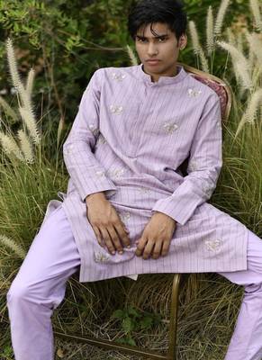 lavender embroidered cotton kurta pajama set 3