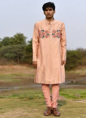 peach pink chanderi kurta pajama with floral embroidery 2