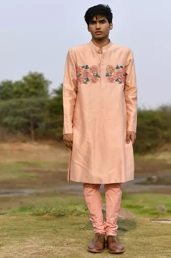 peach pink chanderi kurta pajama with floral embroidery