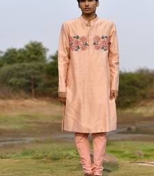 peach pink chanderi kurta pajama with floral embroidery