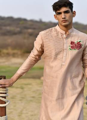peach pink chanderi kurta pajama with floral embroidery 3