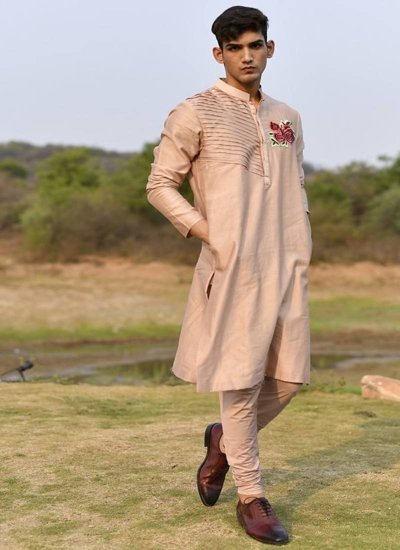 peach pink chanderi kurta pajama with floral embroidery