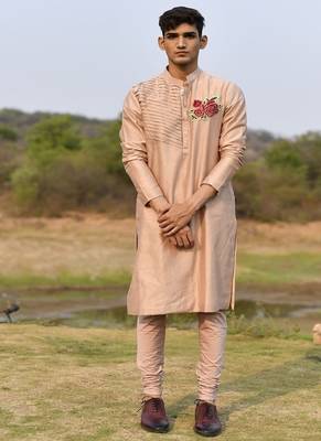 peach pink chanderi kurta pajama with floral embroidery 4