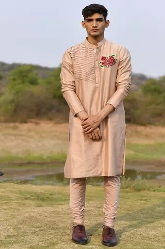 peach pink chanderi kurta pajama with floral embroidery