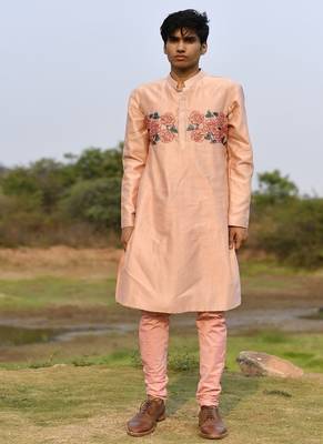 peach pink chanderi kurta pajama with floral embroidery 5