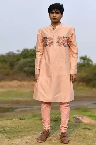 peach pink chanderi kurta pajama with floral embroidery