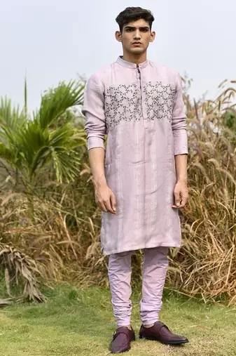 lavender organza kurta pajama with floral embroidery