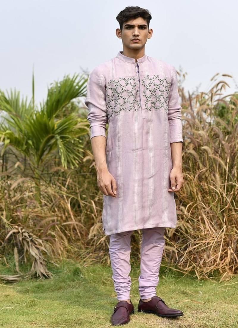 lavender organza kurta pajama with floral embroidery