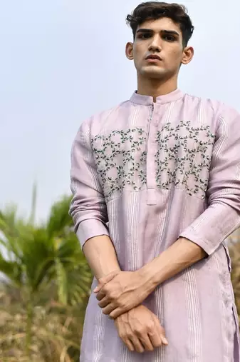 lavender organza kurta pajama with floral embroidery