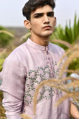 lavender organza kurta pajama with floral embroidery