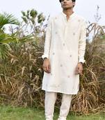white embroidered chanderi kurta pajama set