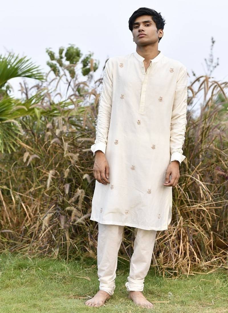 white embroidered chanderi kurta pajama set