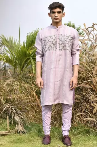 lavender organza kurta pajama with floral embroidery