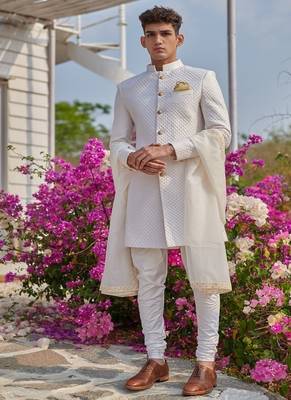 white quilted raw silk sherwani set 1