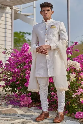 white quilted raw silk sherwani set