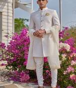 white quilted raw silk sherwani set