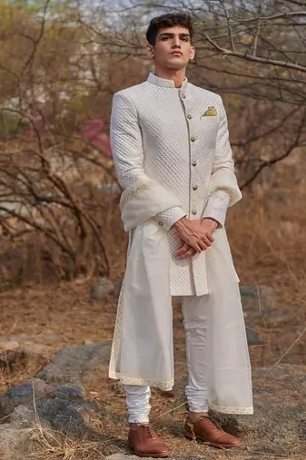 white quilted raw silk sherwani set
