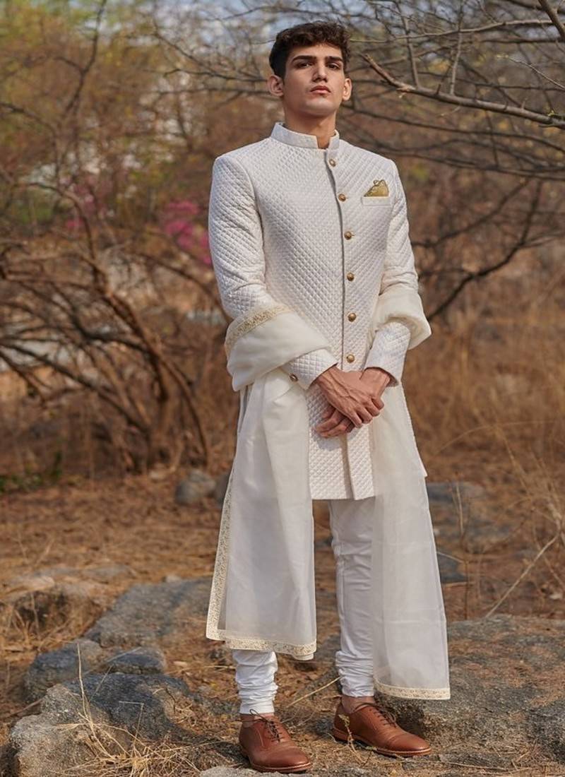 white quilted raw silk sherwani set