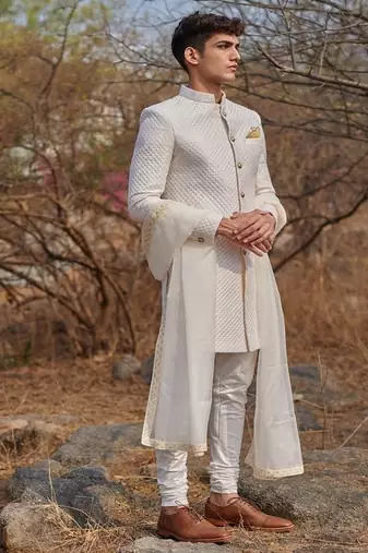 white quilted raw silk sherwani set