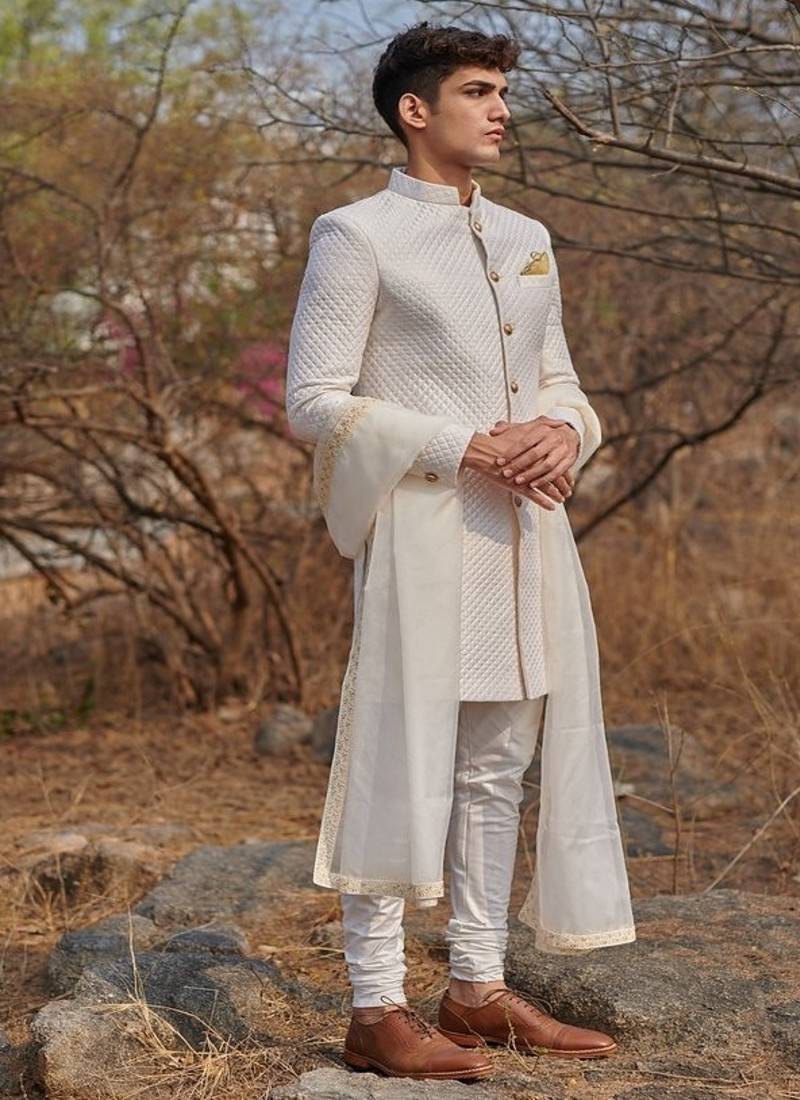 white quilted raw silk sherwani set