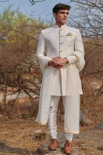 white quilted raw silk sherwani set