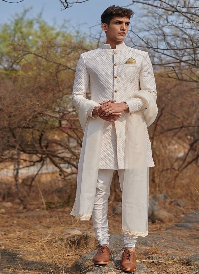 white quilted raw silk sherwani set