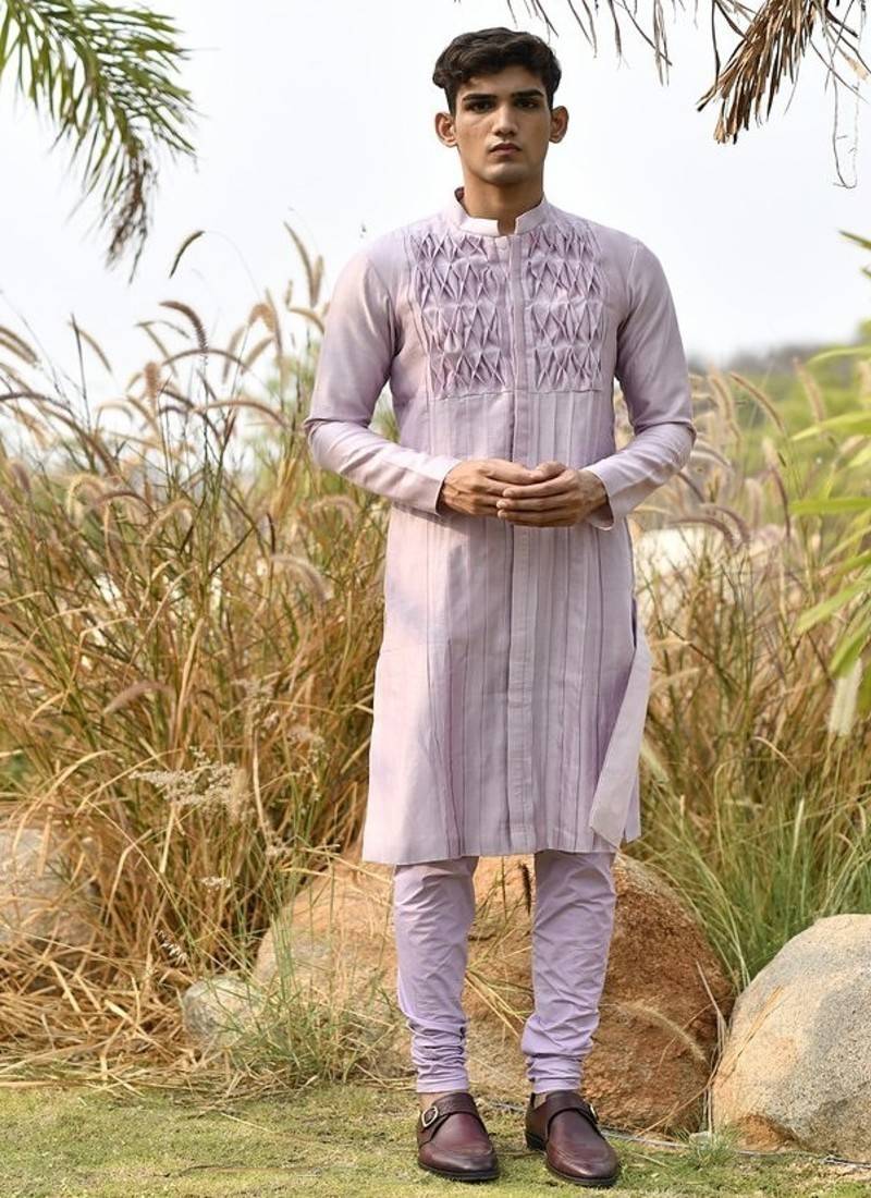 lavender textured chanderi kurta pajama set
