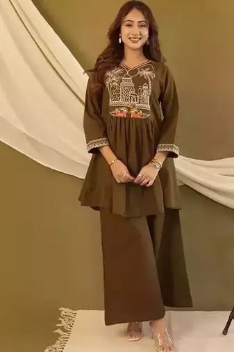 Olive Green Embroidered Cotton Co-Ord Set