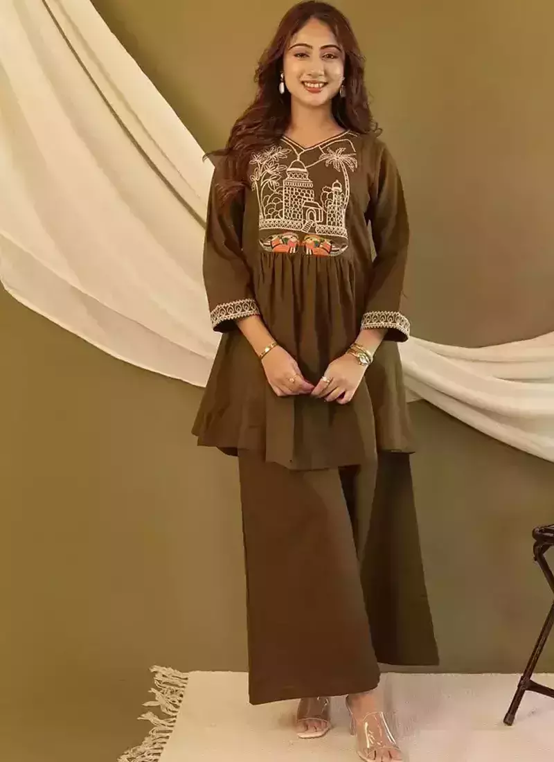 Olive Green Embroidered Cotton Co-Ord Set